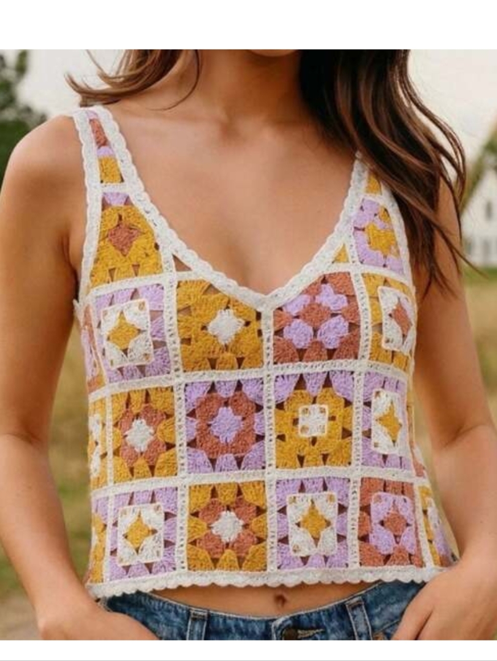 Rebellion Retro 70s Crocheted Floral Tank Top Size Medium